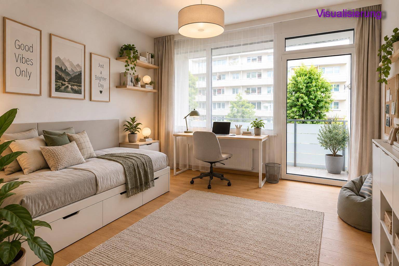 Helles Schlafzimmer mit Arbeitsbereich, Balkonzugang und Blick auf die Umgebung.