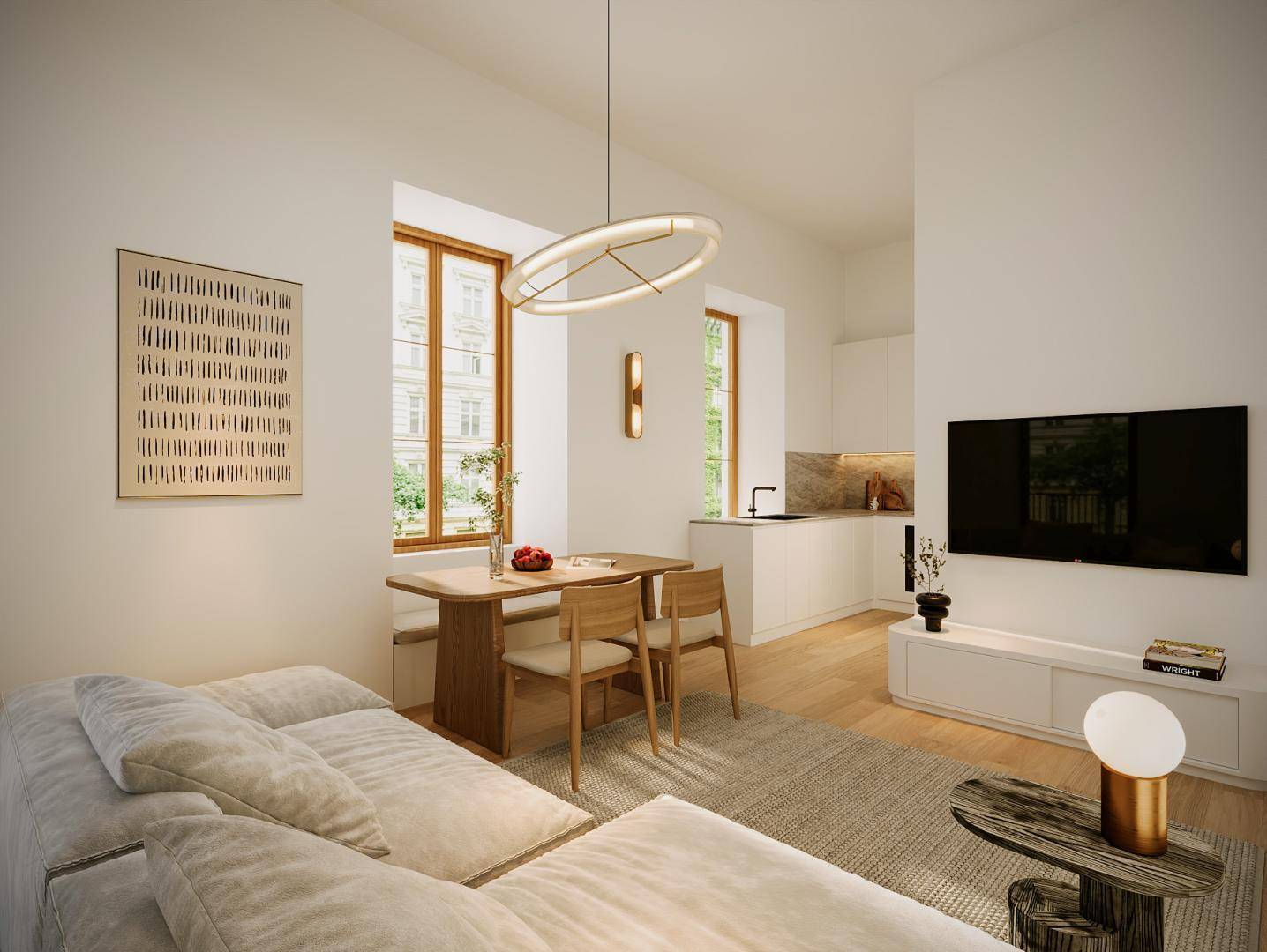 Gemütlicher Wohnbereich mit Essplatz am Fenster und integrierter, moderner Küchenzeile.
