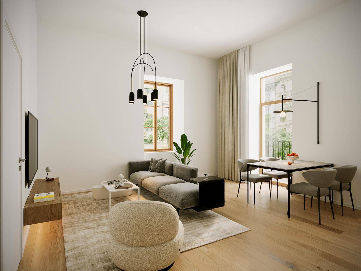 Modern eingerichtetes Wohn-Esszimmer mit Holzboden, großen Fenstern und minimalistischer Beleuchtung.