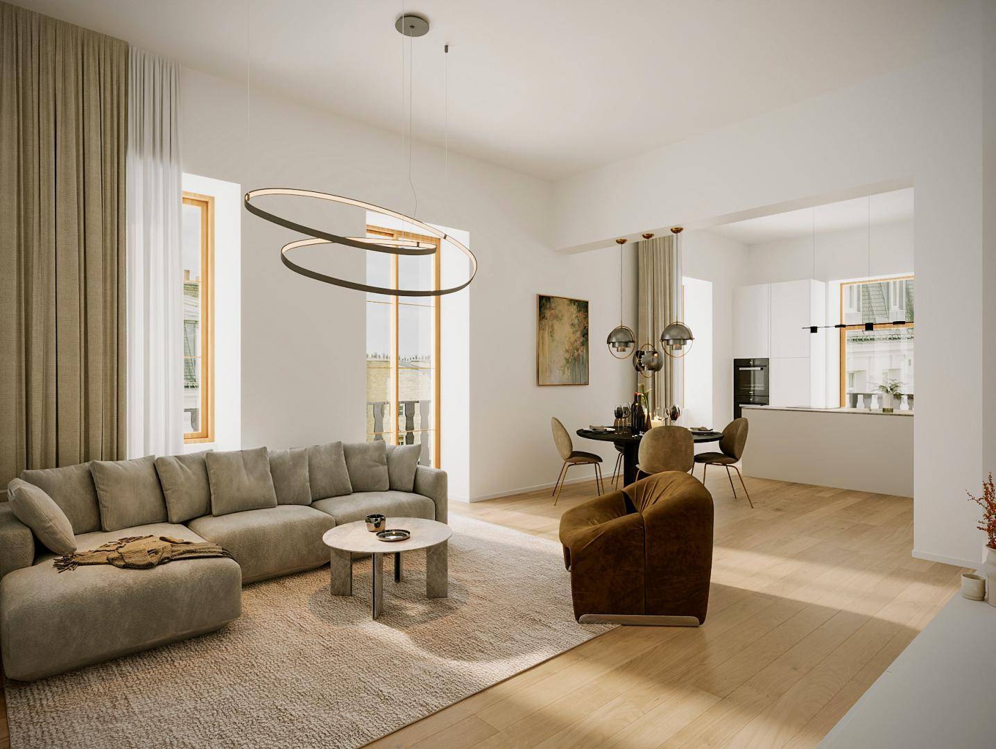 Helles, offenes Wohn-Esszimmer mit modernem Sofa, Holzboden und integrierter Küche im Hintergrund.
