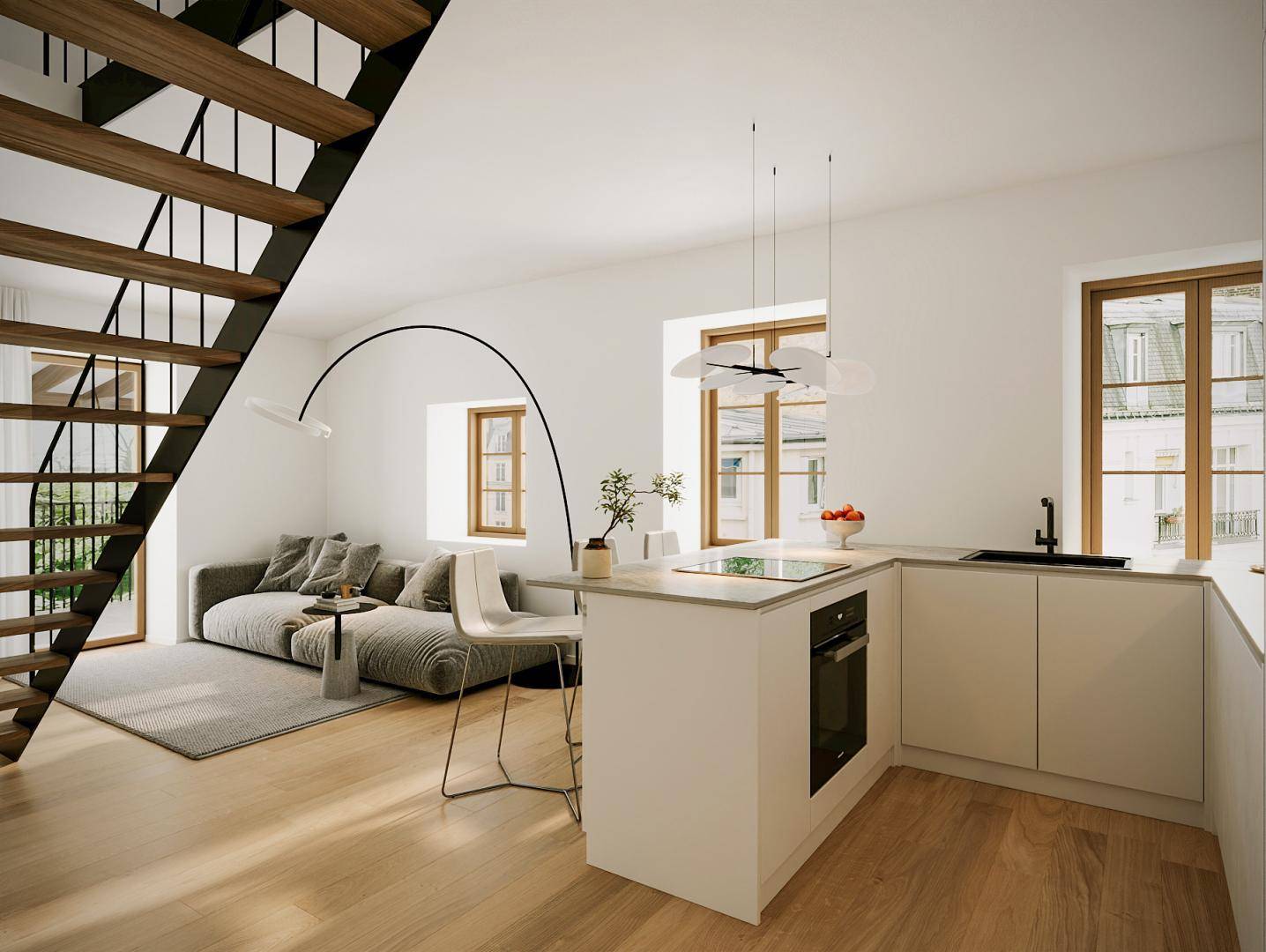 Heller Wohnbereich mit offener Küche, Holzboden und moderner Treppe zu einer oberen Etage.