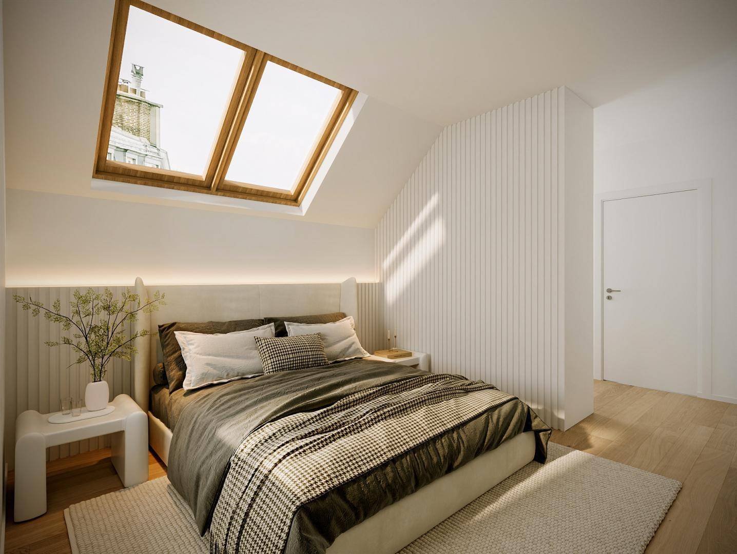 Modernes Schlafzimmer mit Dachschrägen, Holzboden und großen Dachfenstern für viel Tageslicht.