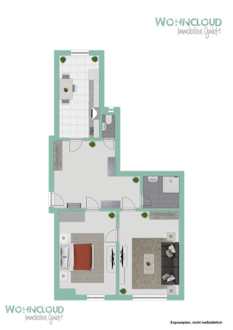 Grundriss zeigt eine Wohnung mit offener Küche, Wohnbereich, Schlafzimmer, Balkon und Terrasse.