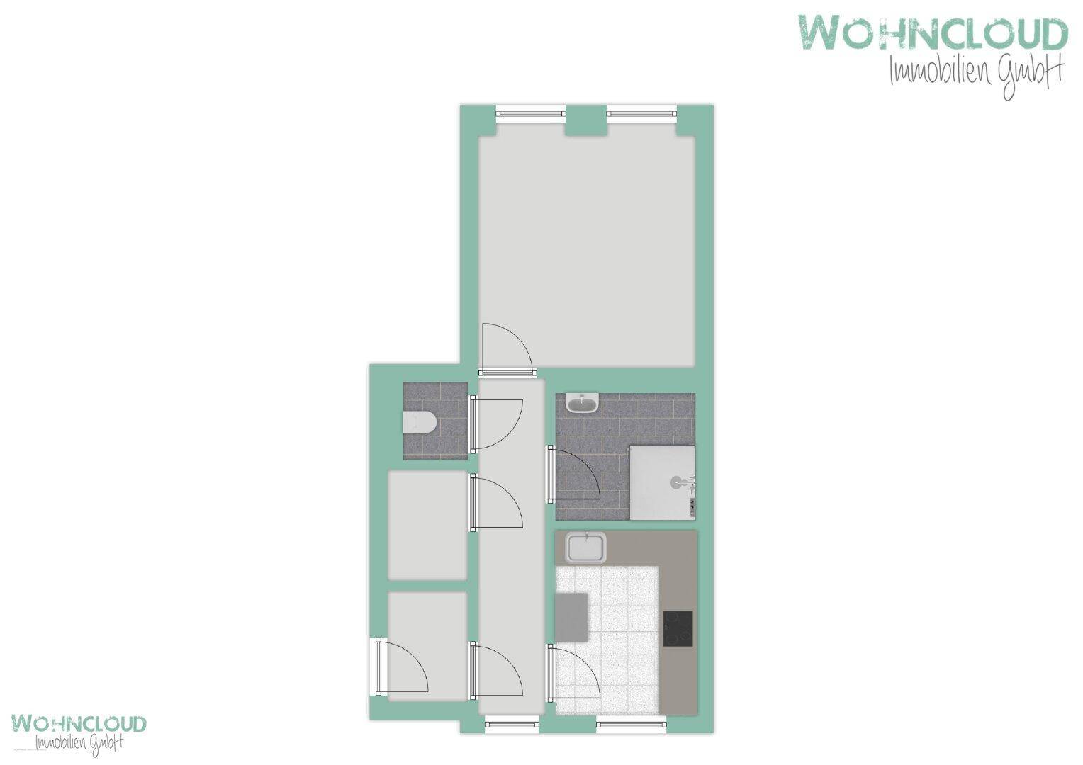 Übersichtlicher Grundriss einer Wohnung mit separatem WC und Duschbad, ideal für Singles oder Paare.