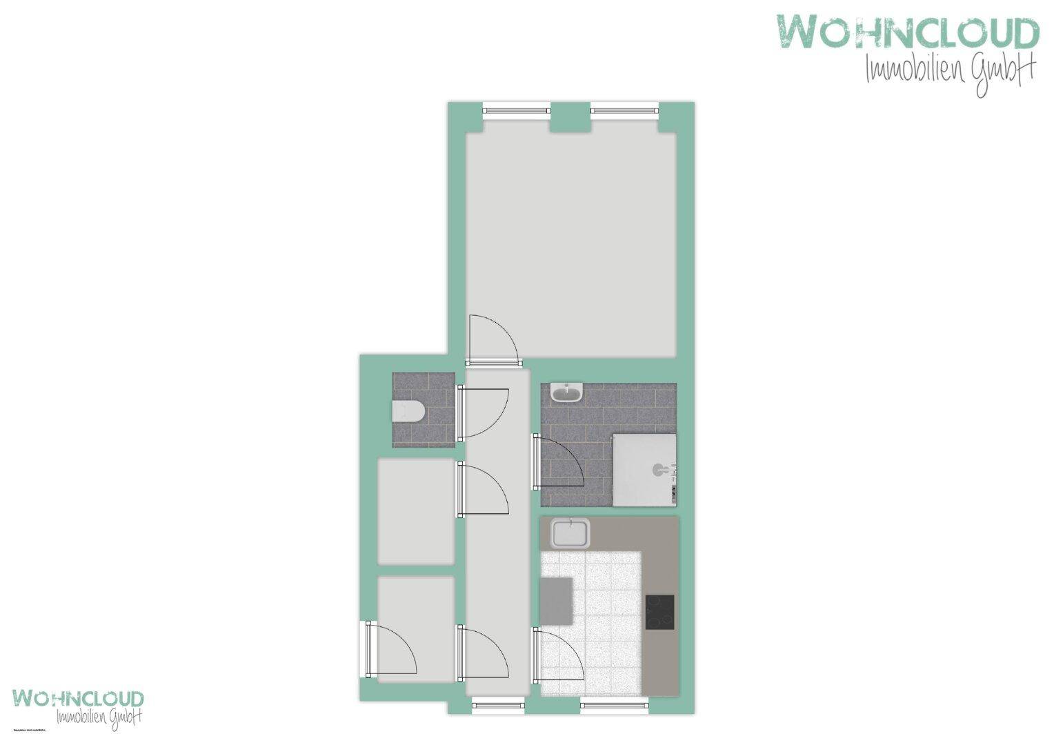 Grundriss einer Wohnung mit Bad, WC und offenem Wohnbereich.