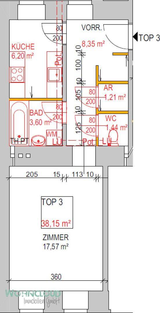 Detaillierter Grundriss mit Raumaufteilung und Flächenangaben für eine Wohnung.