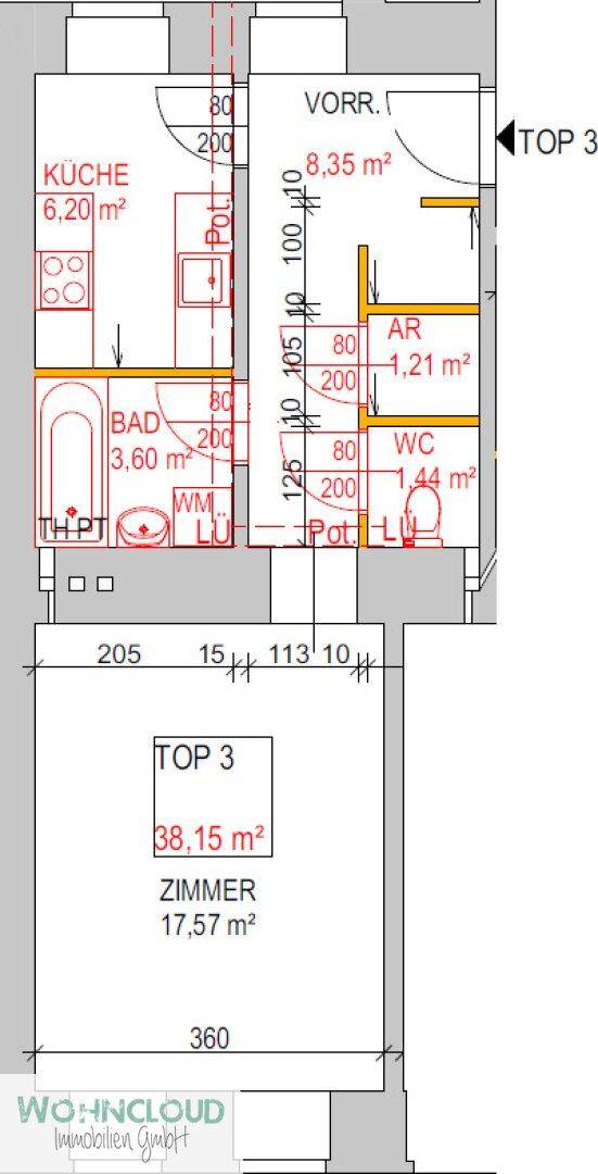 Detaillierter Grundriss einer Wohnung mit Maßen und Raumaufteilung, inklusive Küche und Bad.