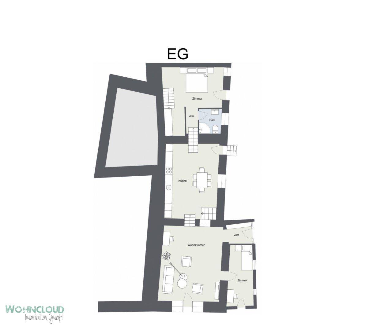 Grundriss des Erdgeschosses mit Wohnzimmer, separater Küche, Bad und zwei Schlafzimmern.