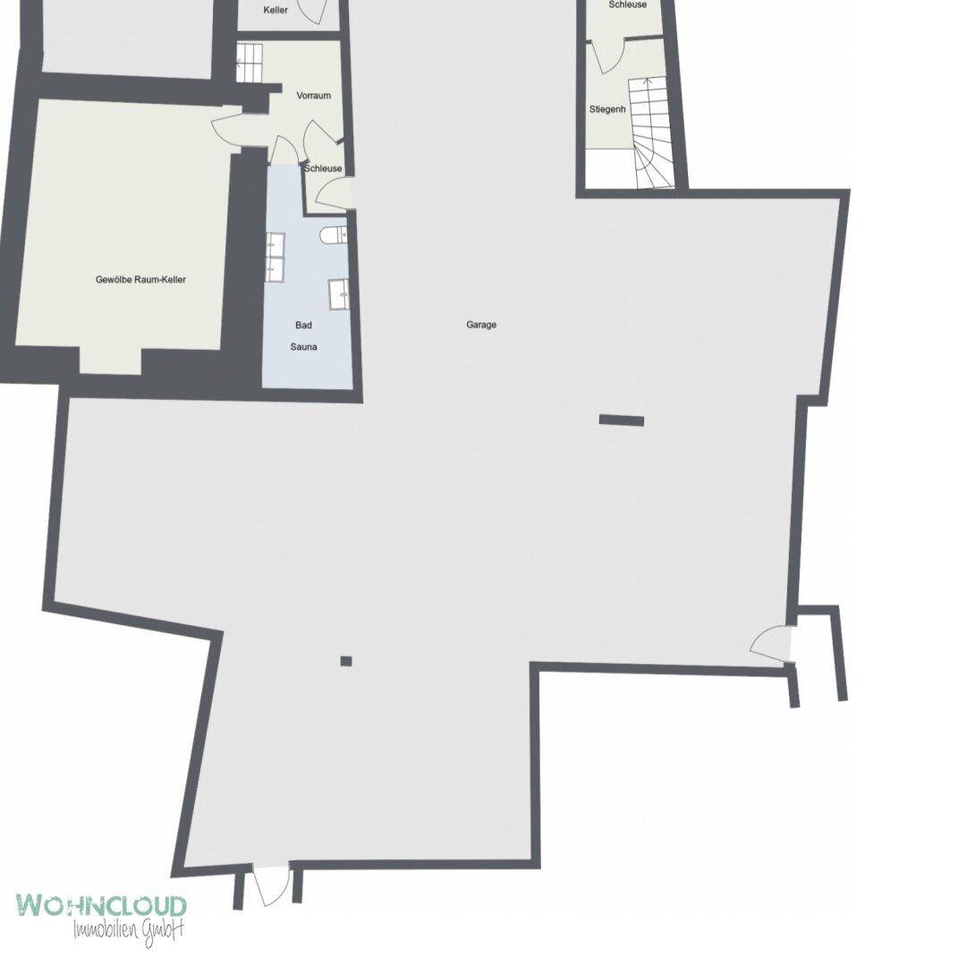 Grundriss des Kellergeschosses mit großer Garage, Bad, Sauna und Gewölbekeller.