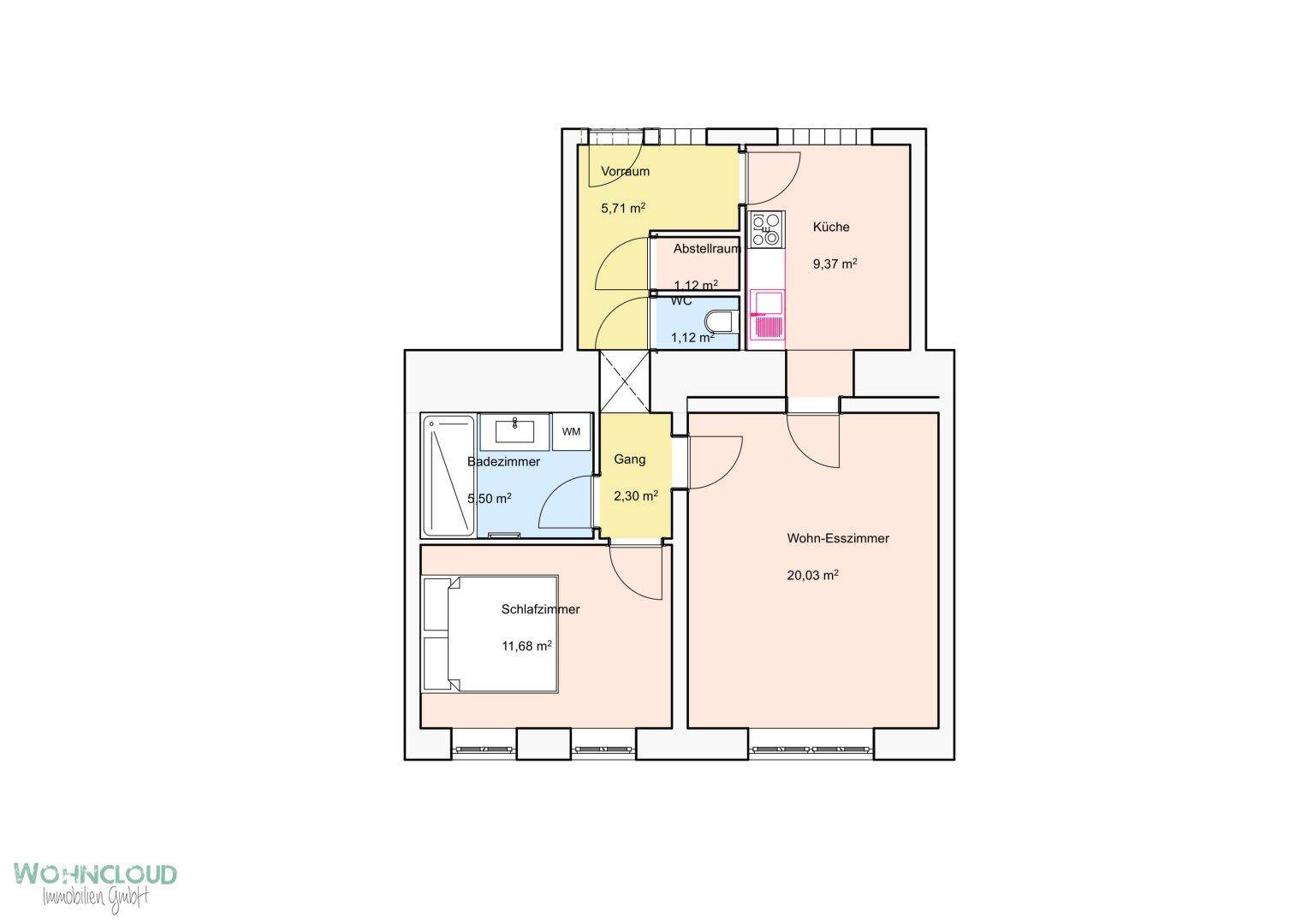 Grundriss einer Wohnung mit Wohn-Esszimmer, Schlafzimmer, Küche und Bad.
