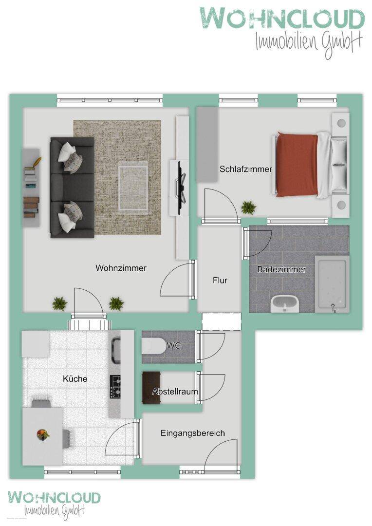 Detaillierter Grundriss einer Wohnung mit Wohnzimmer, Schlafzimmer, Küche und Bad.