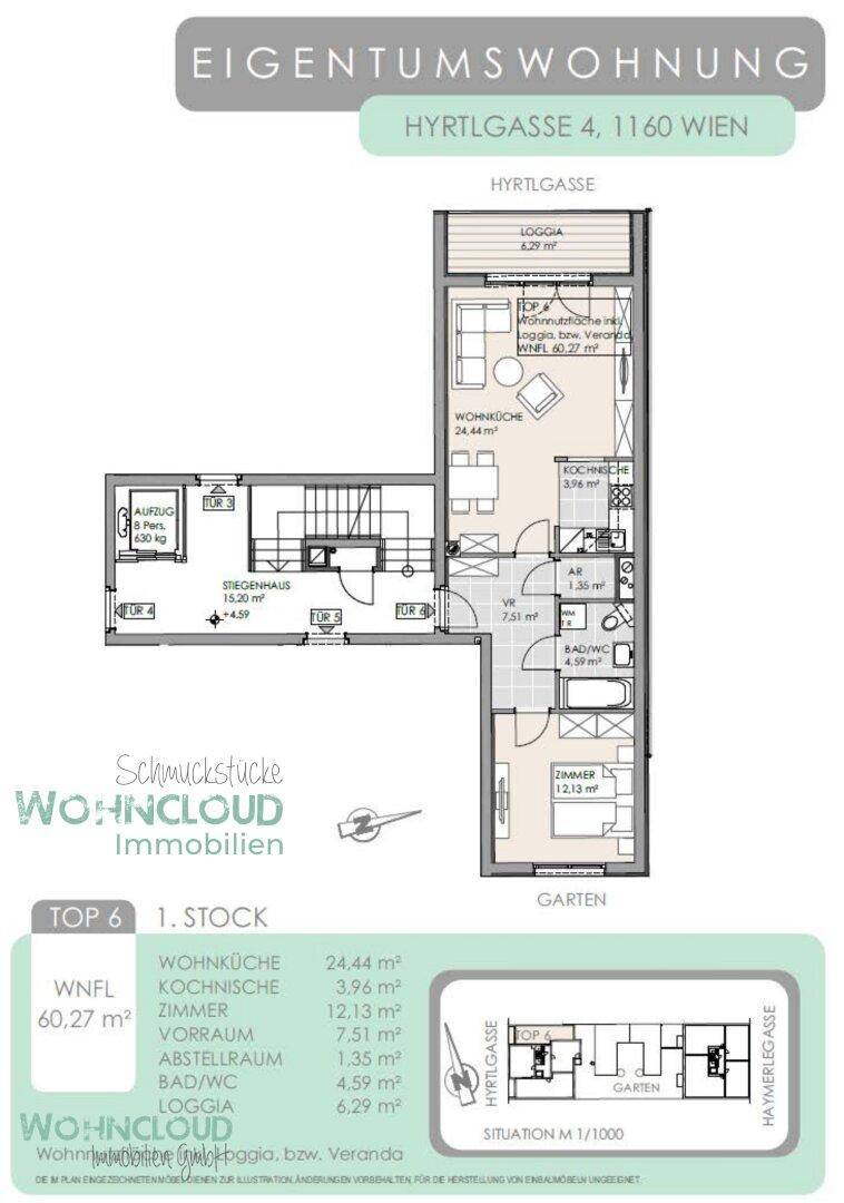 Detaillierter Grundriss der Eigentumswohnung im 1. Stock mit Loggia und Garten.