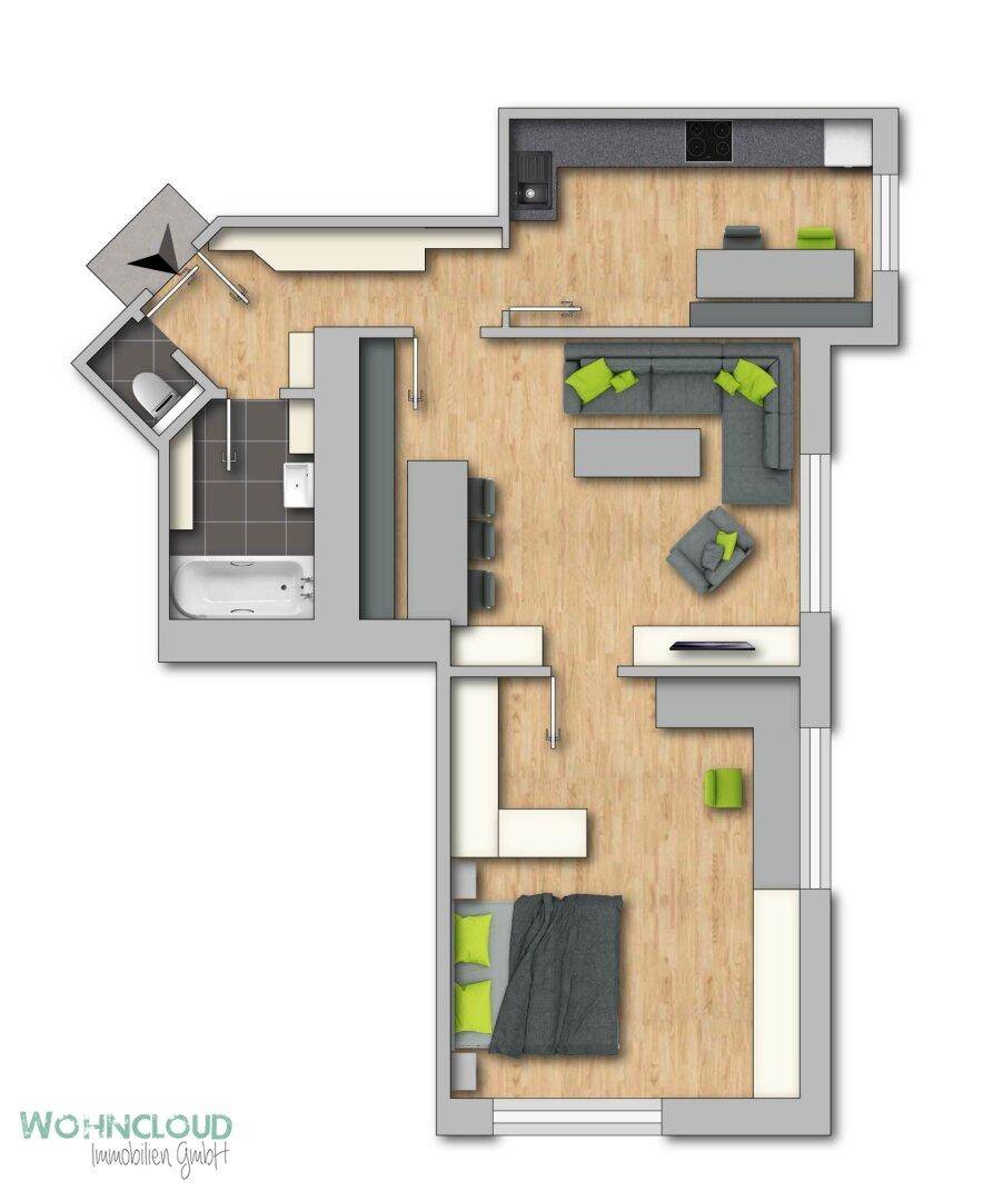 Detaillierter Grundriss einer Wohnung mit offenem Wohnbereich und separatem Schlafzimmer.