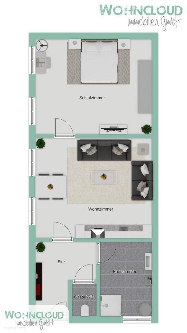 Detaillierter Grundriss der Wohnung mit Schlafzimmer, Wohnzimmer, Flur und Badezimmer.