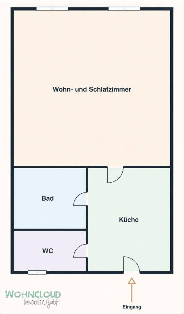 Grundriss einer Wohnung mit Wohn-/Schlafzimmer, Bad, WC und separater Küche.