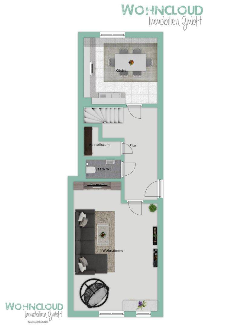 Grundriss des Erdgeschosses mit Wohnzimmer, Küche, Abstellraum und Gäste-WC.