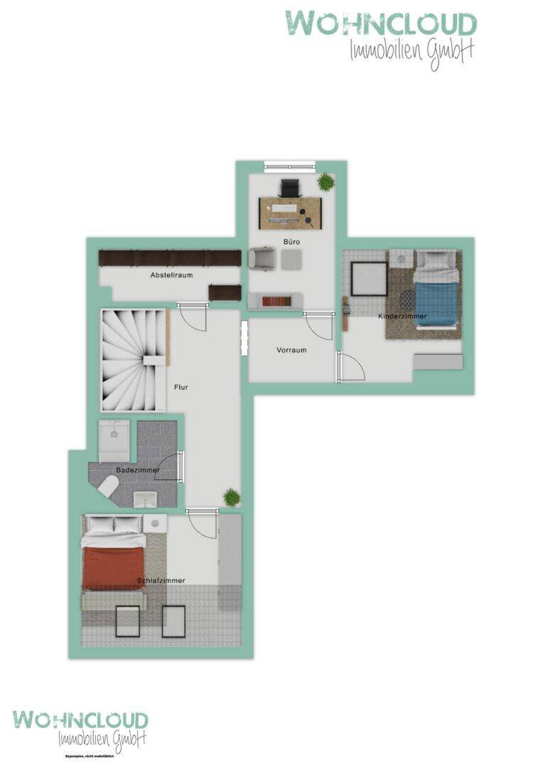 Grundriss des Obergeschosses mit Schlafzimmer, Kinderzimmer, Büro und Badezimmer.