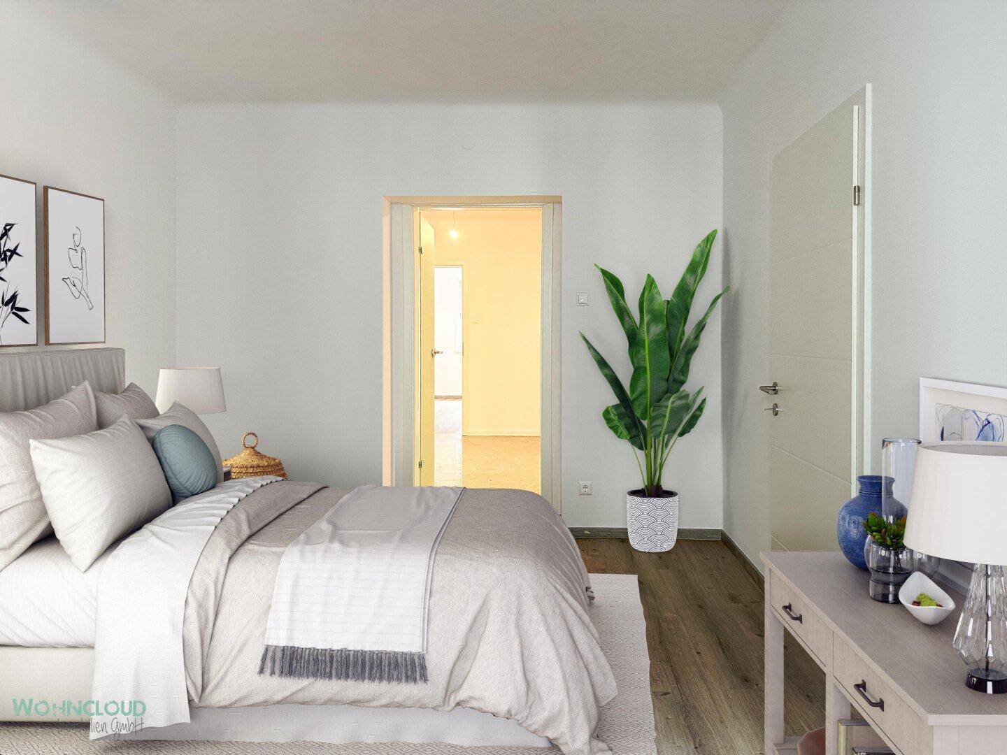 Helles Schlafzimmer mit Doppelbett, Nachttischen, Kommode und Zugang zu einem weiteren Raum.