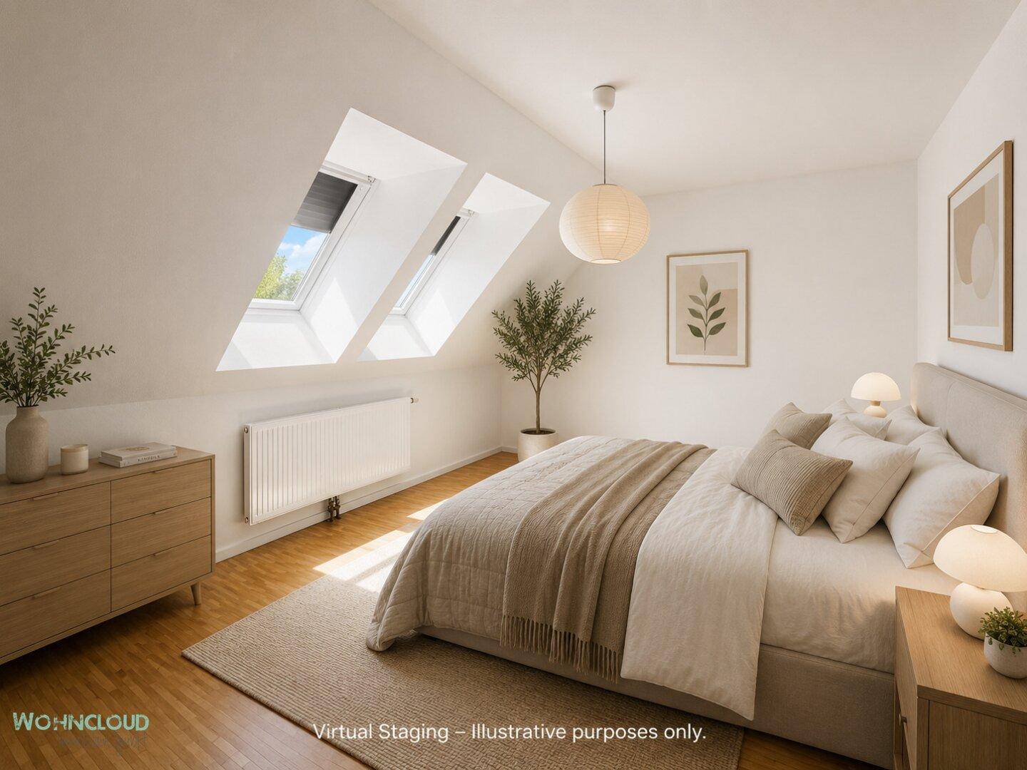 Helles Schlafzimmer im Dachgeschoss mit schrägen Wänden, Dachfenstern und Holzboden.