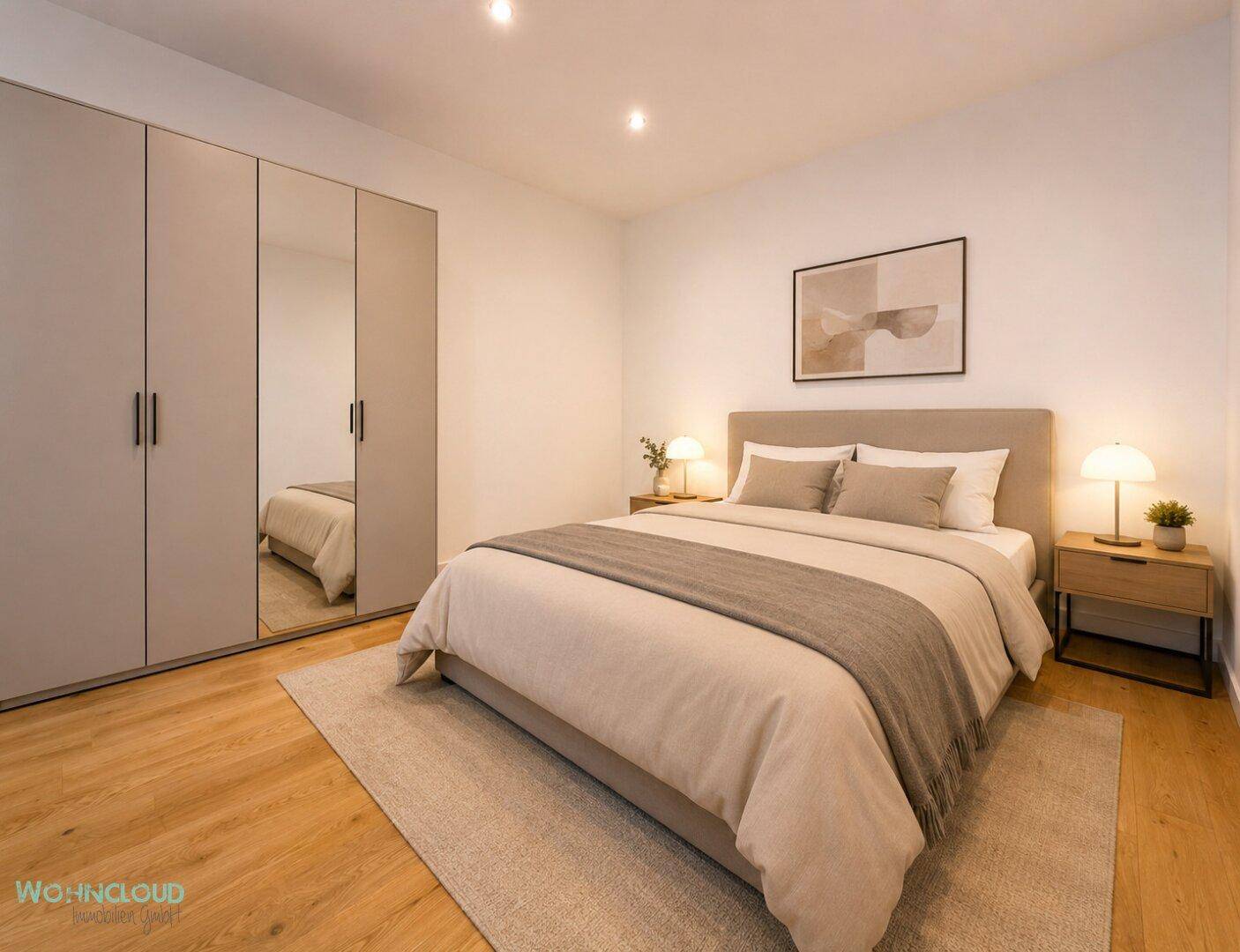 Modern eingerichtetes Schlafzimmer mit großem Bett, Spiegelschrank und Holzboden.