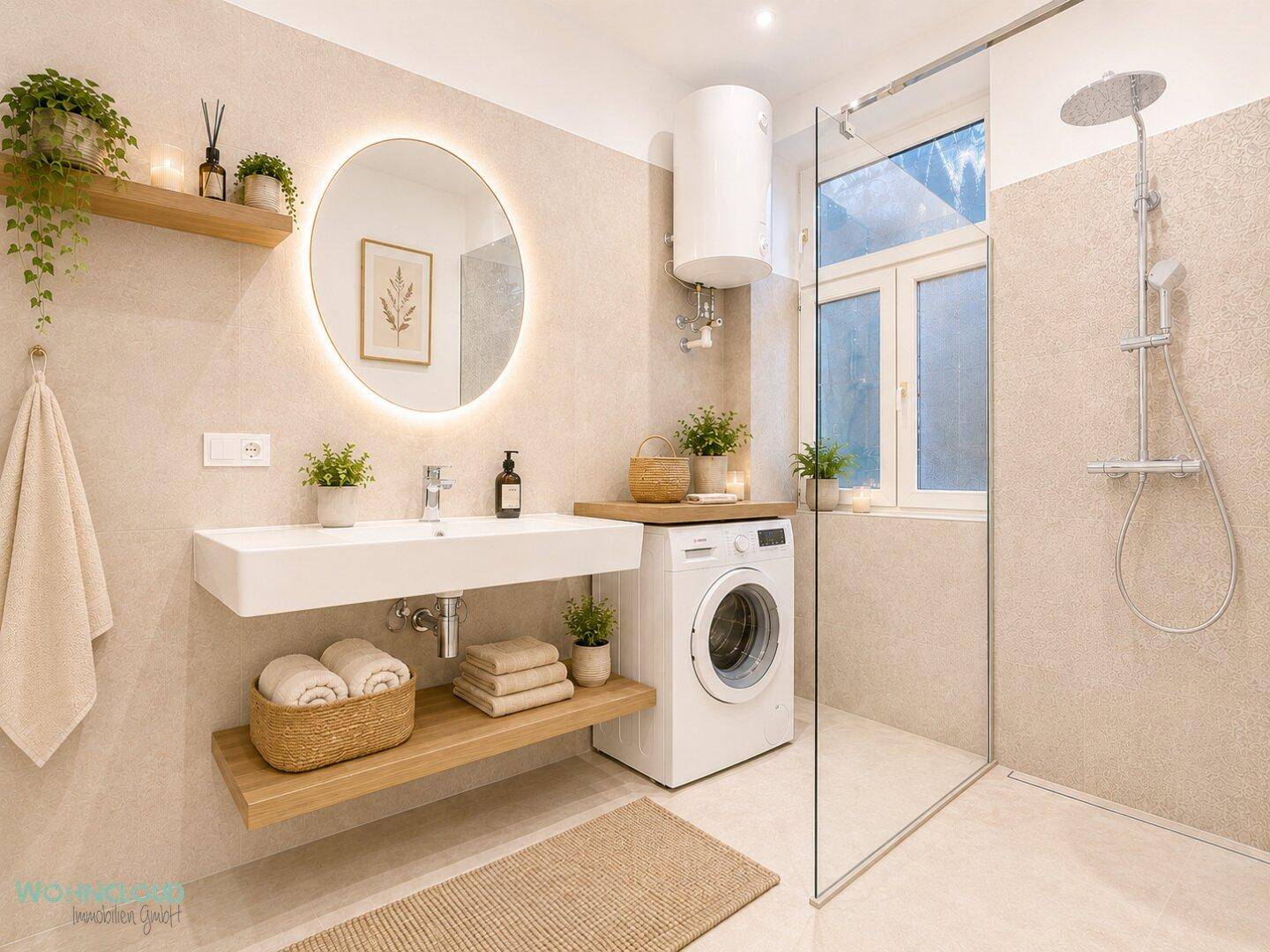 Modernes Badezimmer mit begehbarer Dusche, beleuchtetem Spiegel und Waschmaschine.