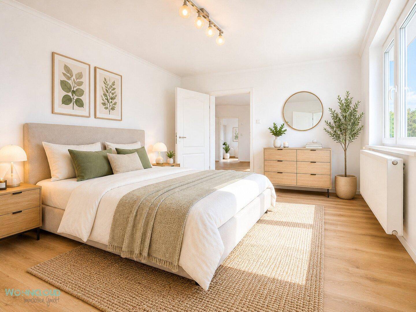 Helles Schlafzimmer mit Doppelbett, Holzboden, großem Fenster und moderner Einrichtung.