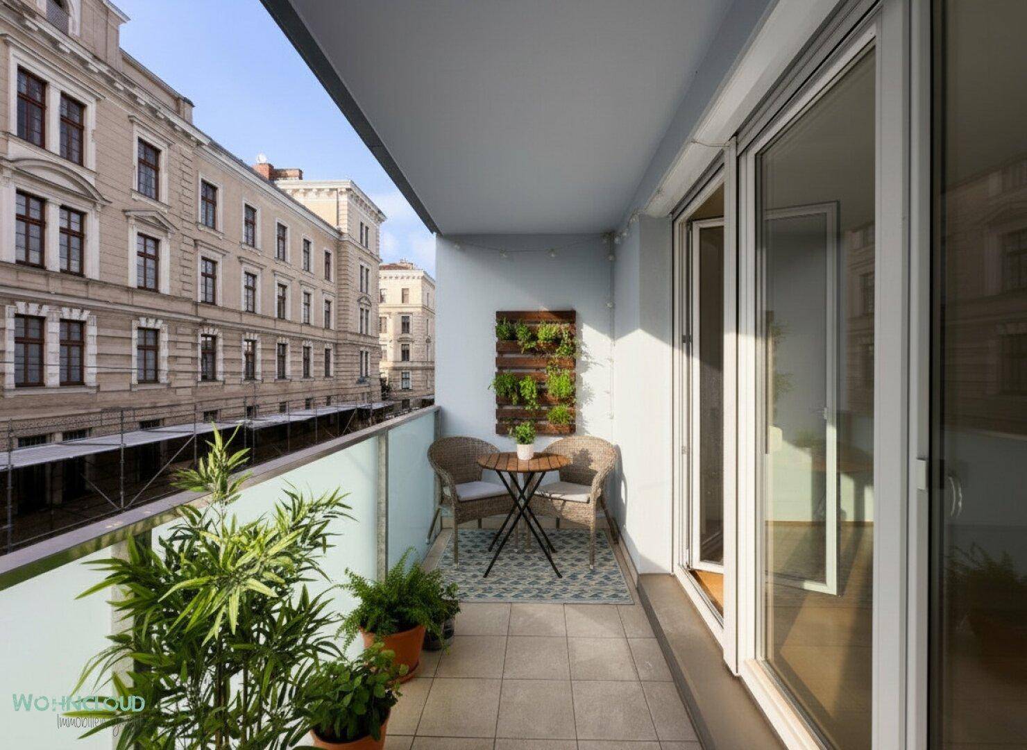 Schmaler Balkon mit Sitzgelegenheiten und Pflanzen, mit Blick auf die historische Stadtbebauung.