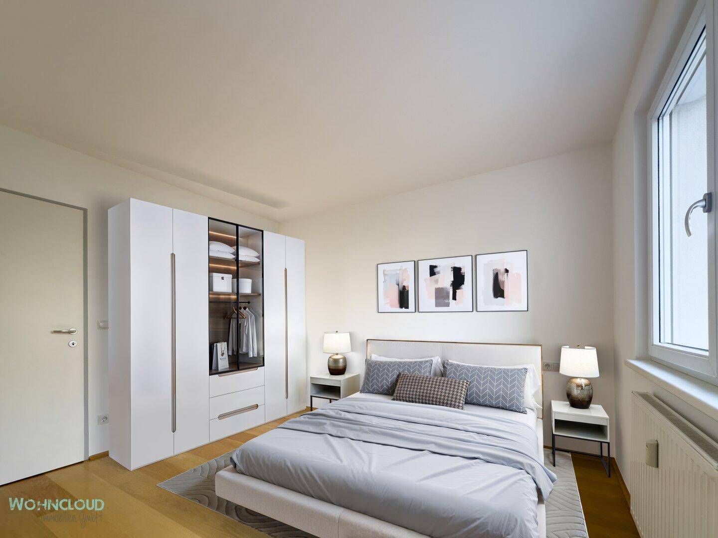 Modern eingerichtetes Schlafzimmer mit Doppelbett, Nachttischen und großem, integriertem Kleiderschrank.