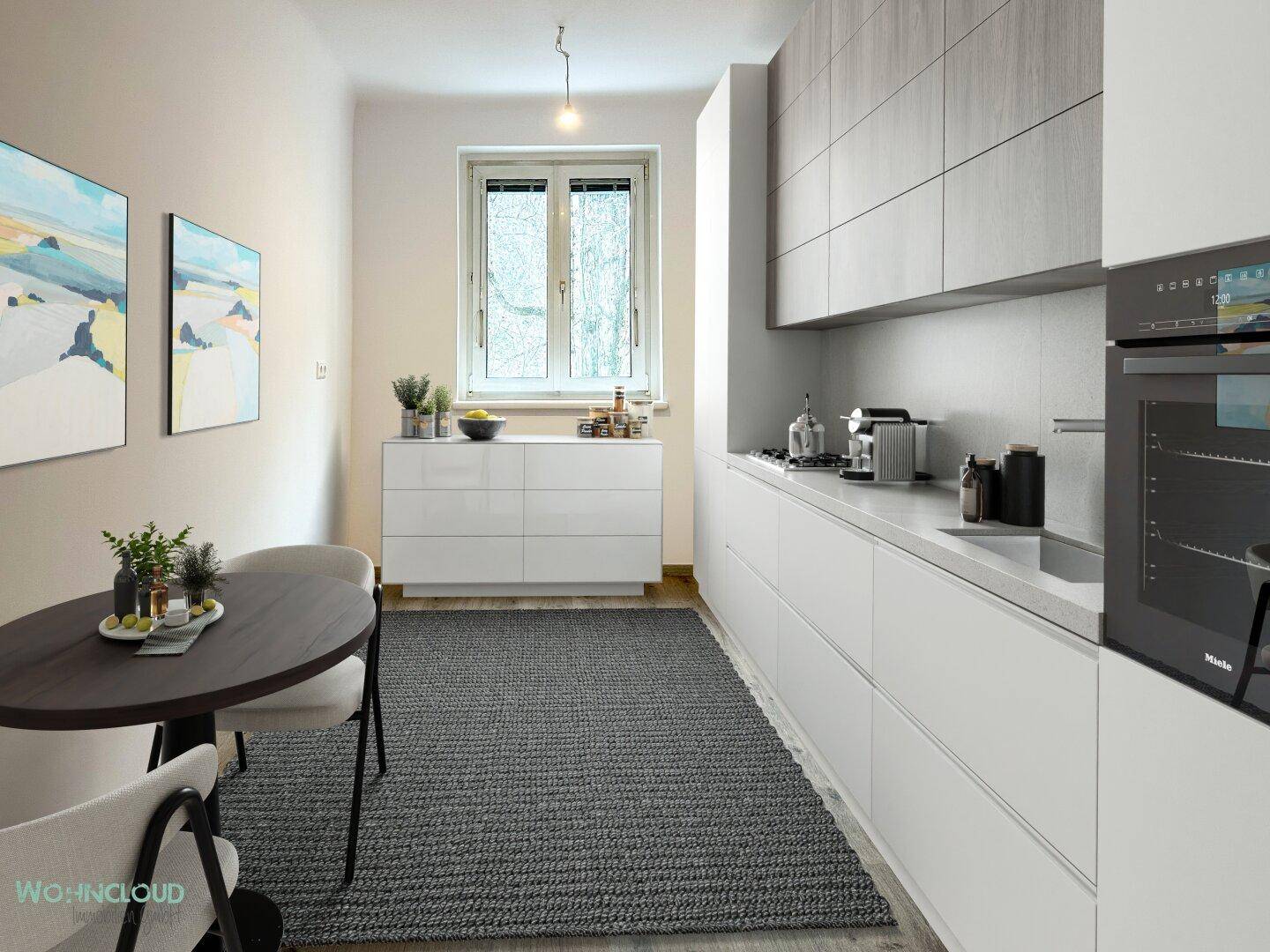 Moderne Küche mit weißen Unterschränken, grauen Oberschränken und integriertem Essbereich.