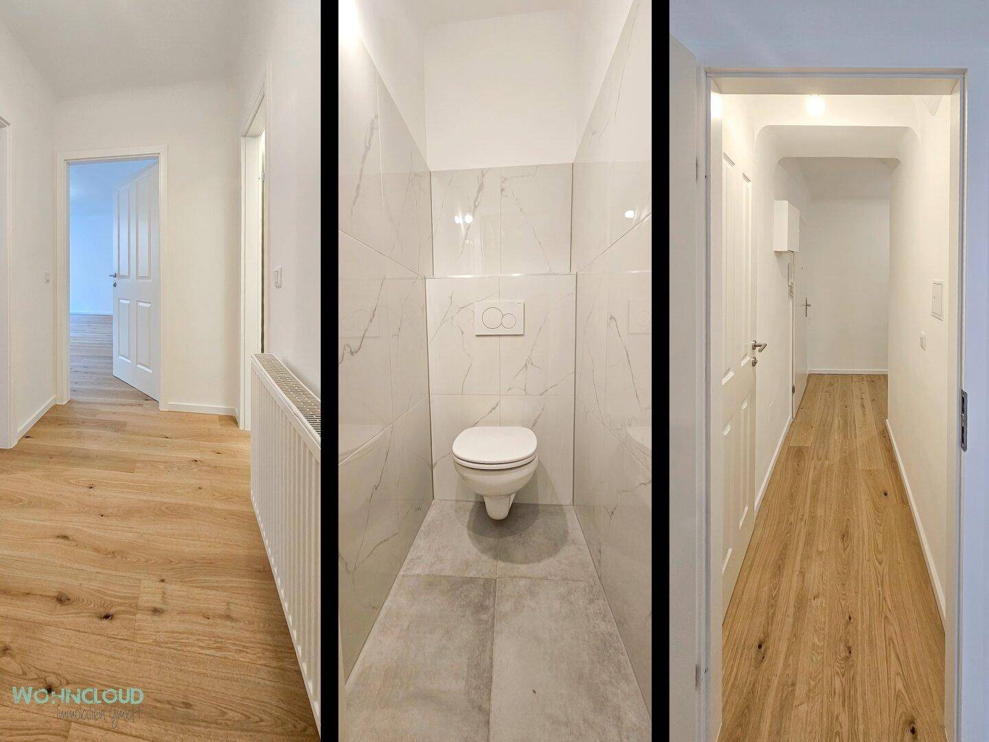 Kombinierte Ansicht eines hellen Flurs und einer modernen Gästetoilette mit Wand-WC und Fliesen.
