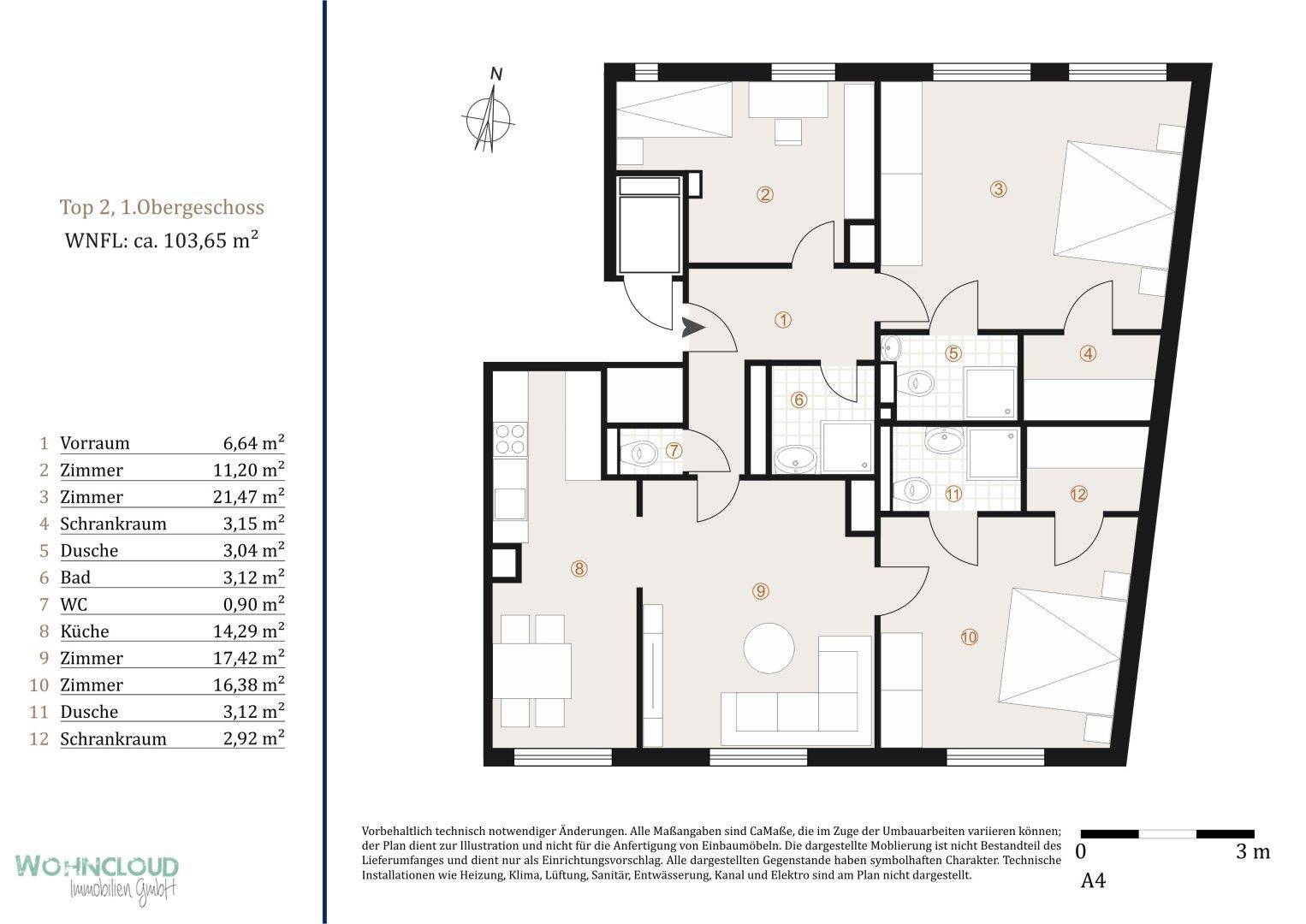 Detaillierter Grundriss der Wohnung im ersten Obergeschoss mit einer Wohnfläche von 103,65 m².