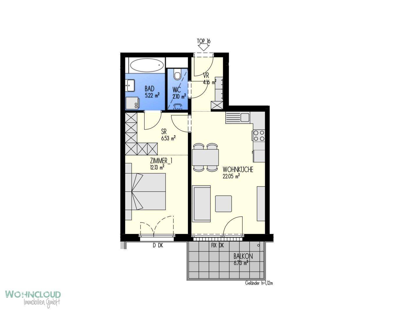 Grundriss einer Wohnung mit offenem Wohn-Essbereich, Schlafzimmer, Bad und Balkon.