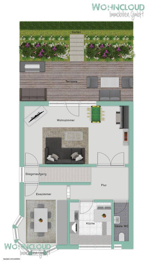 Grundriss des Erdgeschosses mit Wohnzimmer, Esszimmer, Küche, Terrasse und Garten.