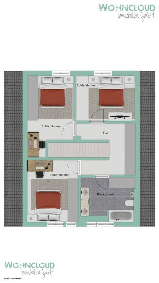 Grundriss des Obergeschosses mit drei Schlafzimmern und einem Badezimmer.