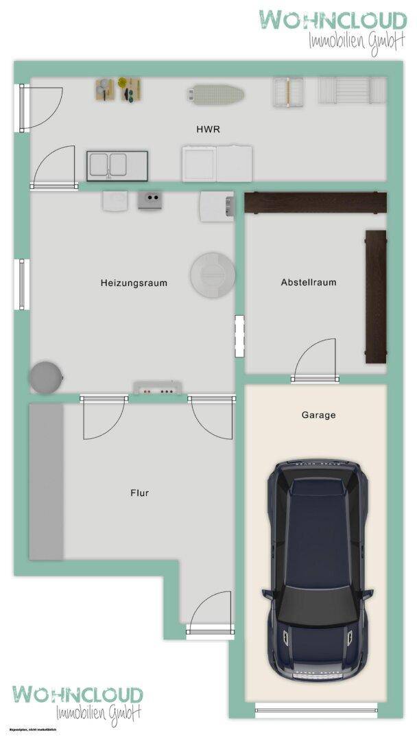 Grundriss des Untergeschosses mit Heizungsraum, Abstellraum und Garage.