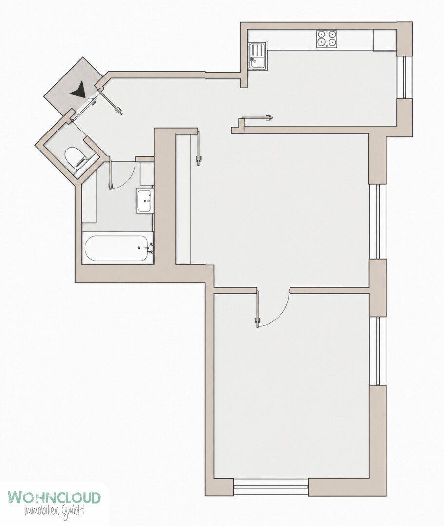 Grundriss der Wohnung mit Aufteilung in Wohn-, Schlaf- und Nassbereiche.