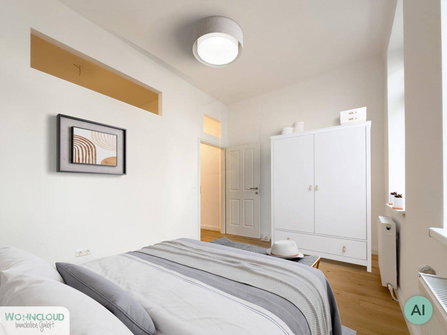 Modern eingerichtetes Schlafzimmer mit Holzboden, weißem Kleiderschrank und gemütlichem Bett.