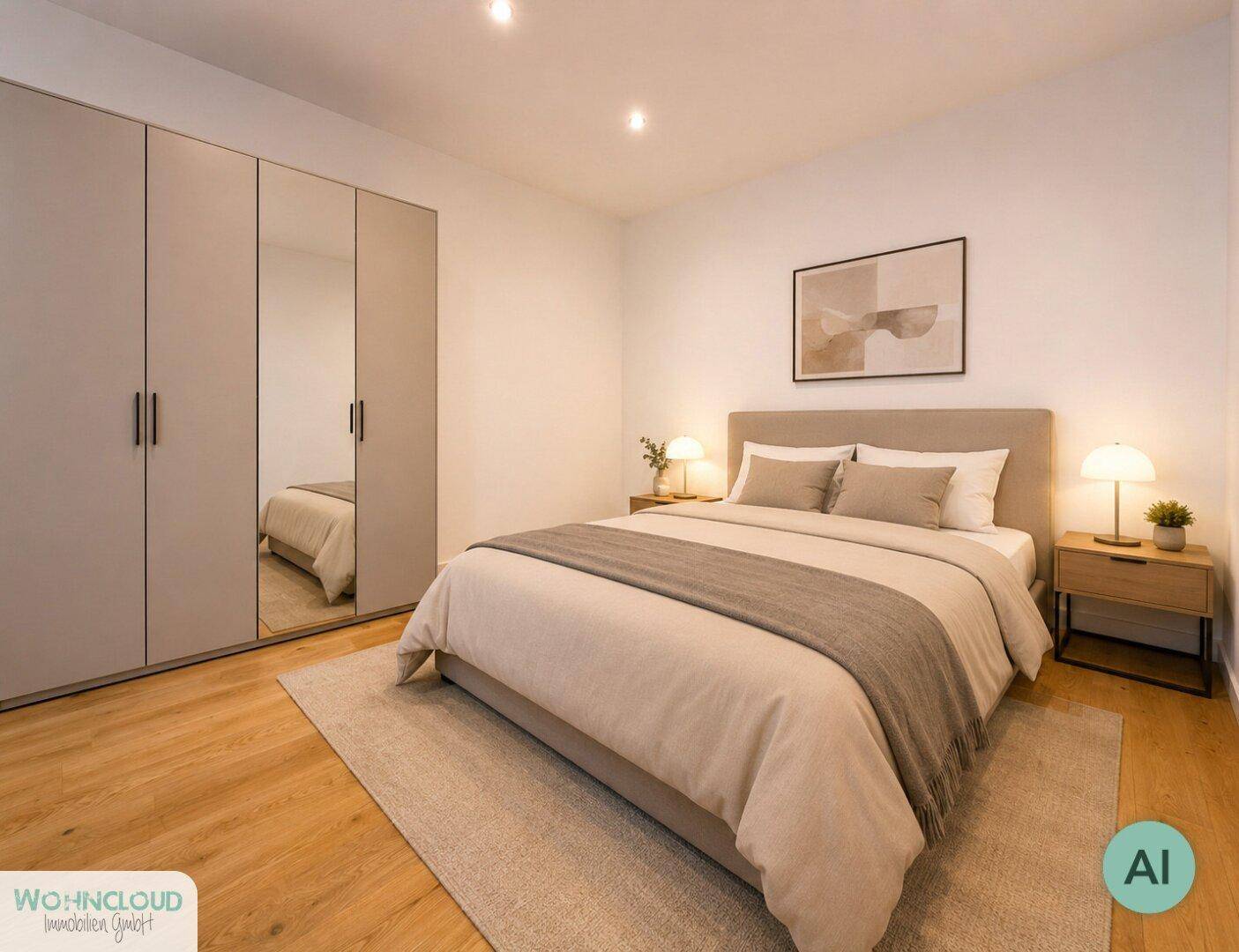 Modern eingerichtetes Schlafzimmer mit großem Bett, Nachttischen und Spiegelschränken.