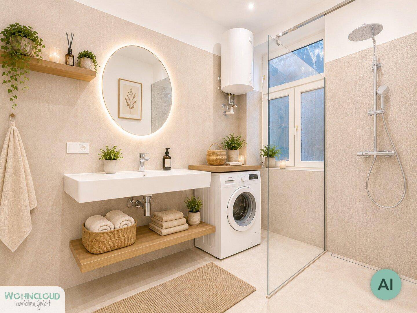 Modernes Badezimmer mit begehbarer Dusche, Einzelwaschbecken und integrierter Waschmaschine.