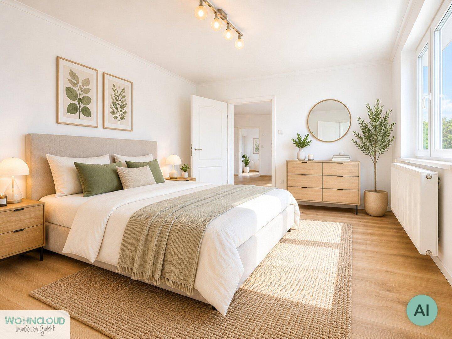Modernes Schlafzimmer mit Doppelbett, Holzboden und viel Tageslicht durch große Fenster.