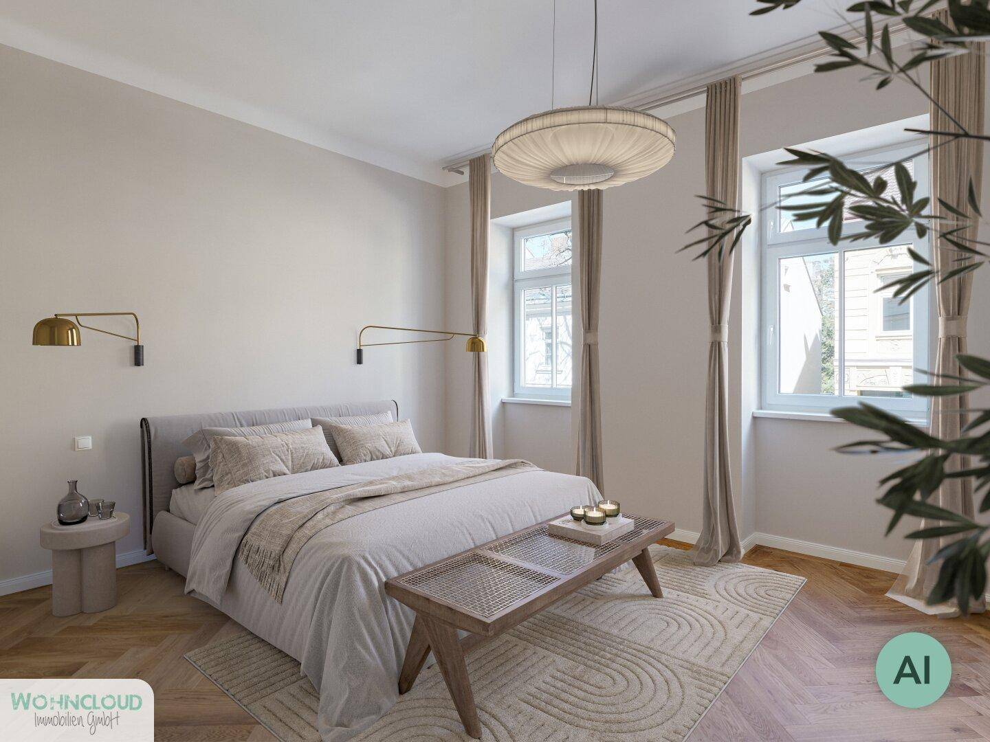 Stilvoll inszeniertes Schlafzimmer mit modernem Bett, Fischgrätparkett und indirekter Beleuchtung.