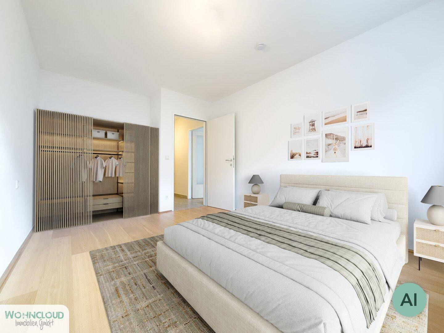 Virtuell möbliertes Schlafzimmer mit Holzboden, modernem Bett und integriertem Kleiderschrank.