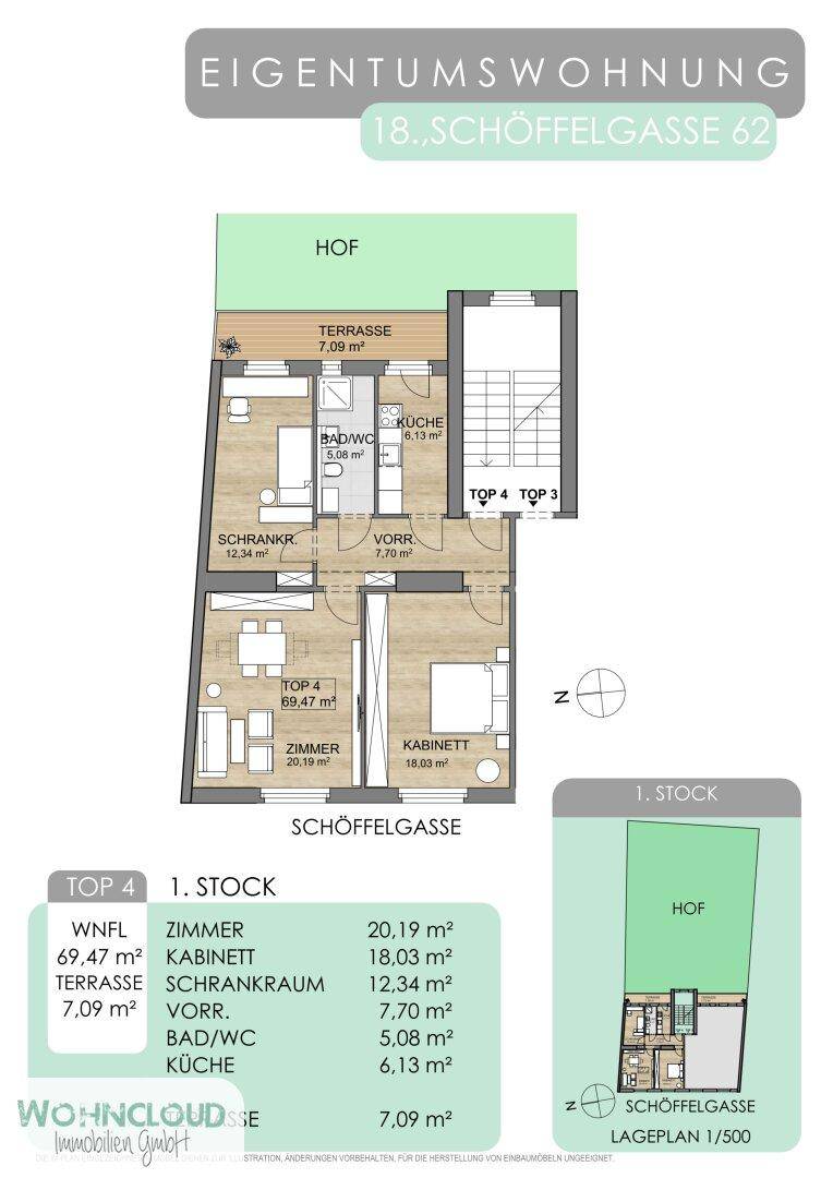 Grundriss einer Eigentumswohnung mit Terrasse und mehreren Zimmern im ersten Stock.
