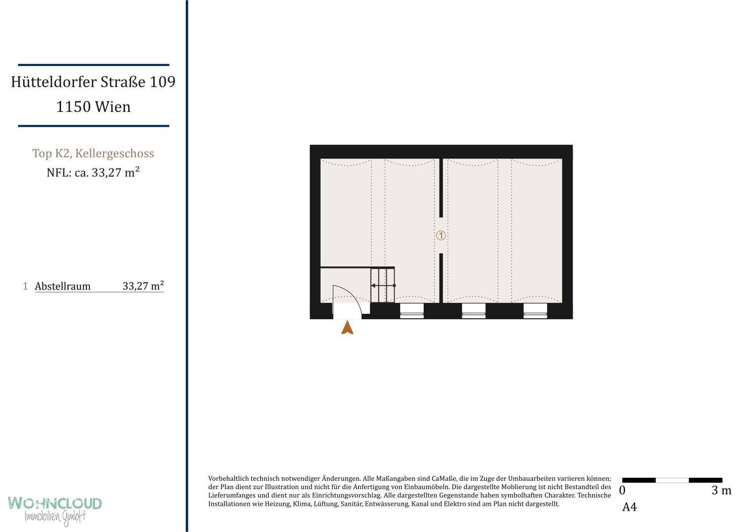 Grundriss des Kellergeschosses mit einem Abstellraum von ca. 33,27 m².