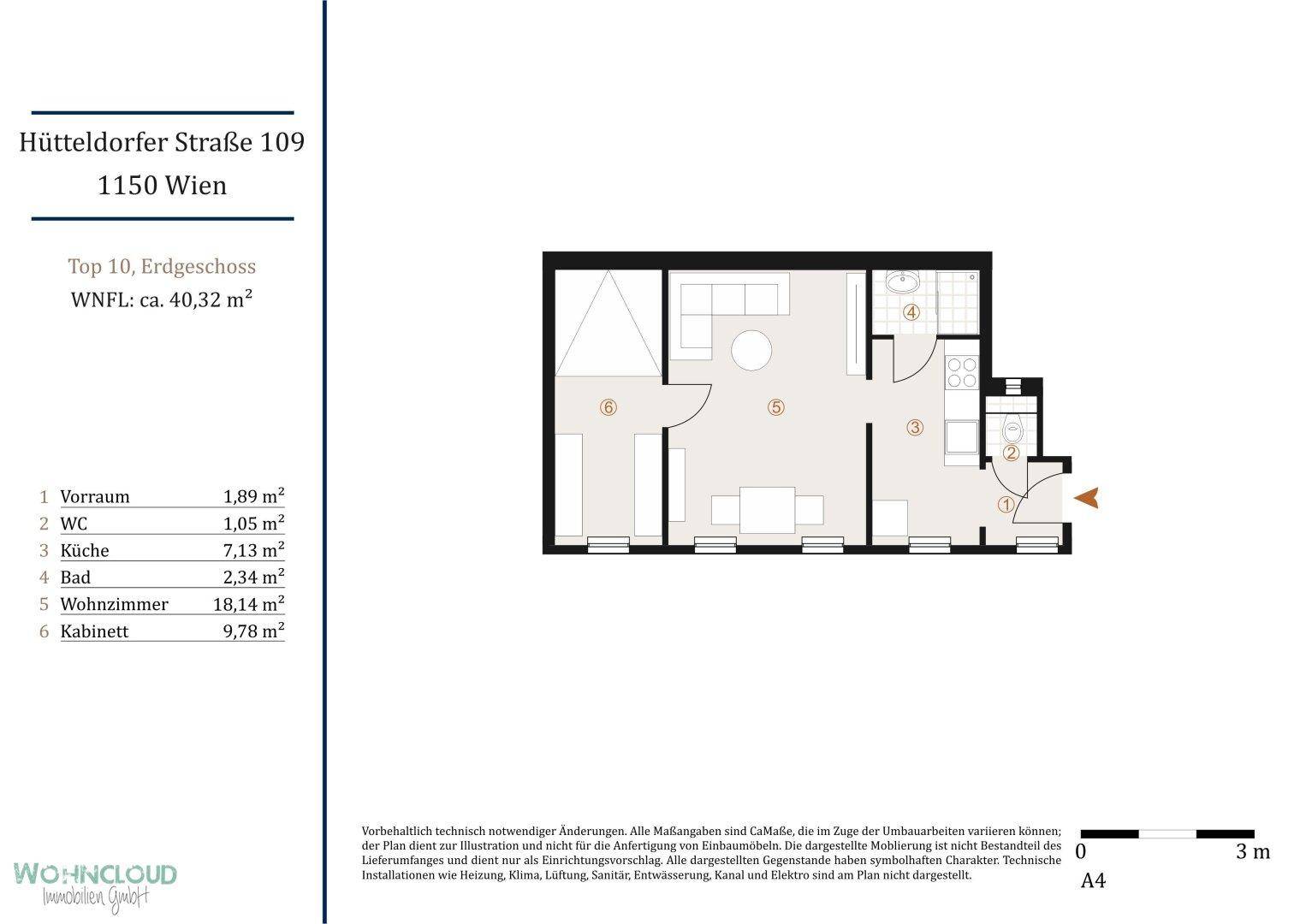 Grundriss der Erdgeschosswohnung mit Vorraum, WC, Küche, Bad, Wohnzimmer und Kabinett.