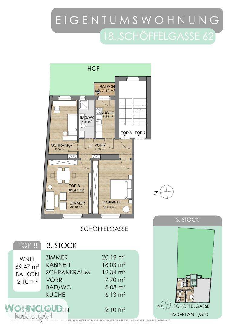 Detaillierter Grundriss einer Eigentumswohnung mit Zimmeraufteilung und Balkon.