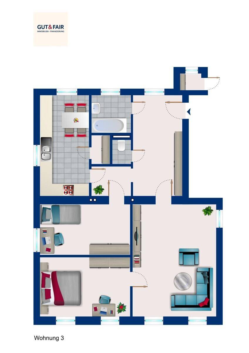 Grundriss der Wohnung 3 mit zwei Schlafzimmern, Bad, offener Küche und Essbereich.