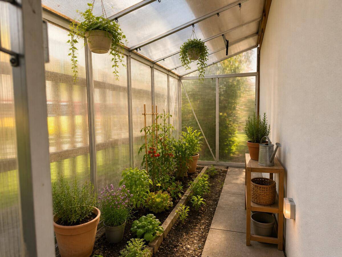 Gewächshaus mit verschiedenen Pflanzen, Kräutern und Tomaten unter hellem Sonnenlicht.