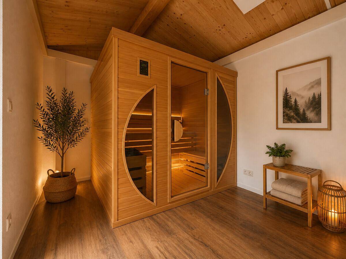 Moderner Wellnessbereich mit Sauna, Holzboden und indirekter Beleuchtung.