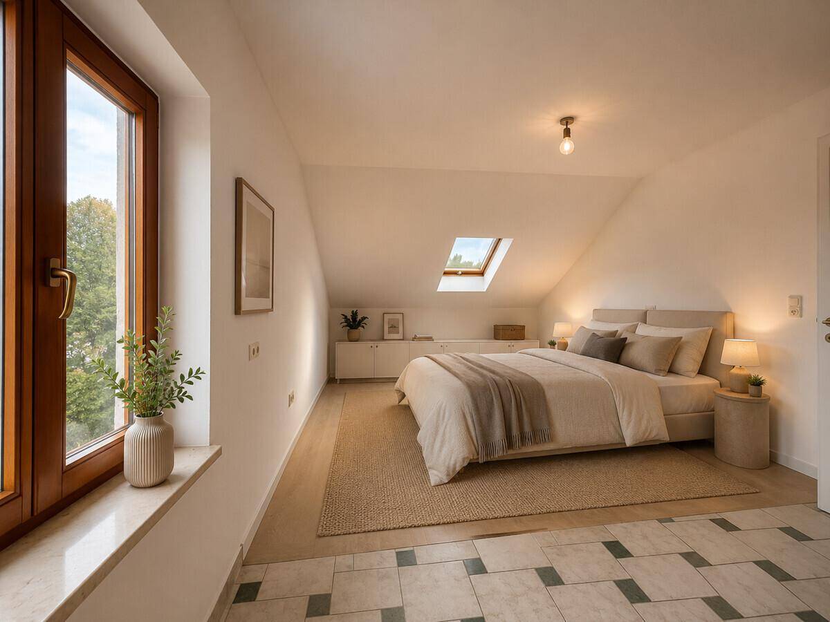 Helles Schlafzimmer im Dachgeschoss mit Dachfenster und Blick ins Grüne.
